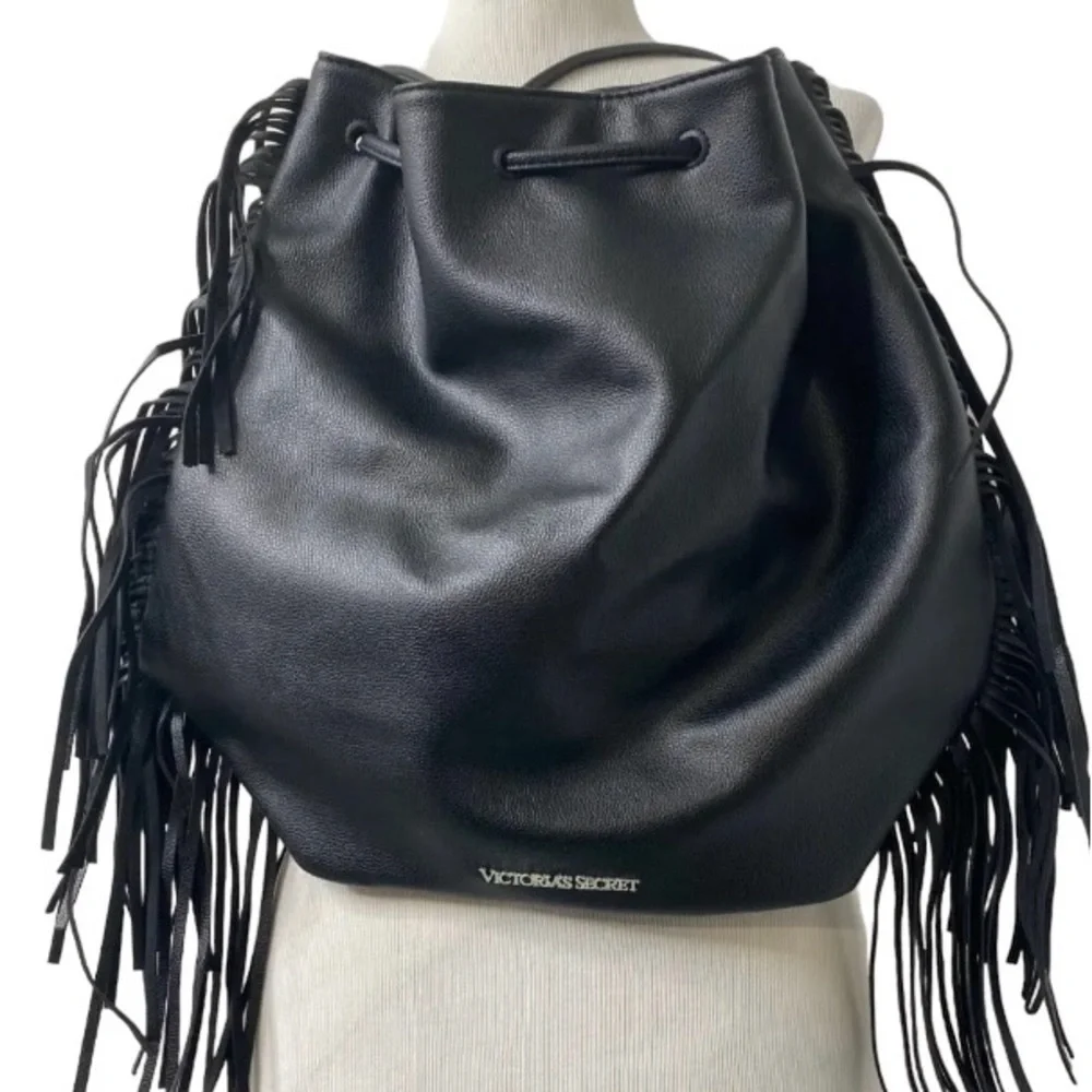 Victoria's Secret Y2K Fringe Festival Backpack Bag Black Fringe Faux Leather Si…
